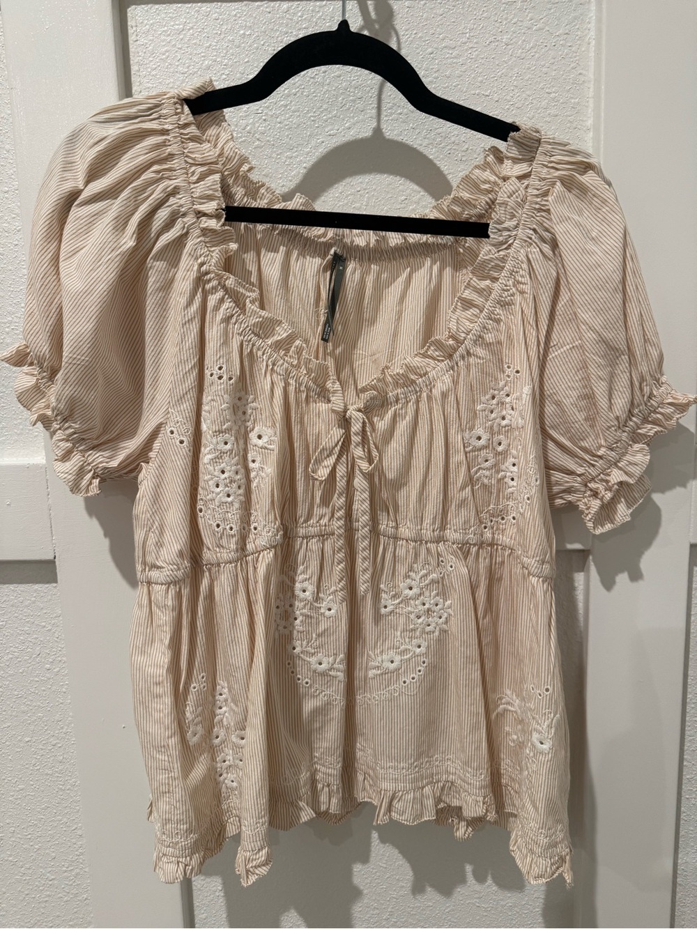 Anthropologie Cream Striped Embroidered Peasant Blouse